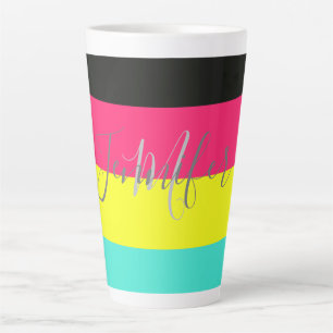 Black and Neon Colour Block Stripe Monogram Name Latte Mug