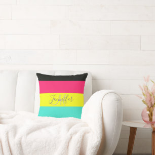 Black and Neon Colour Block Stripe Monogram Name Throw Pillow