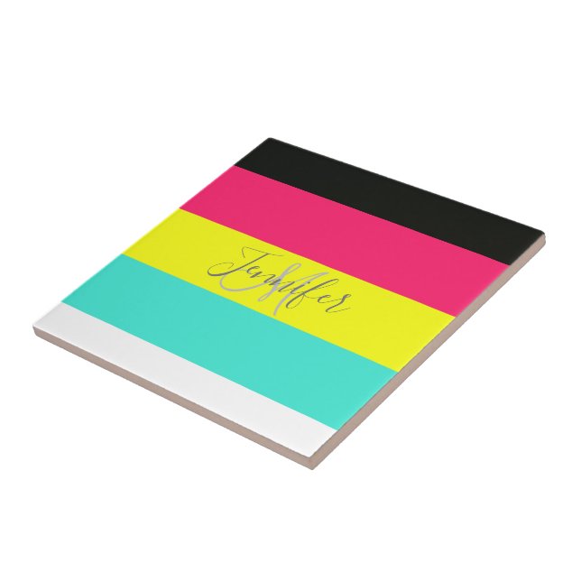 Black and Neon Colour Block Stripe Monogram Name Tile (Side)