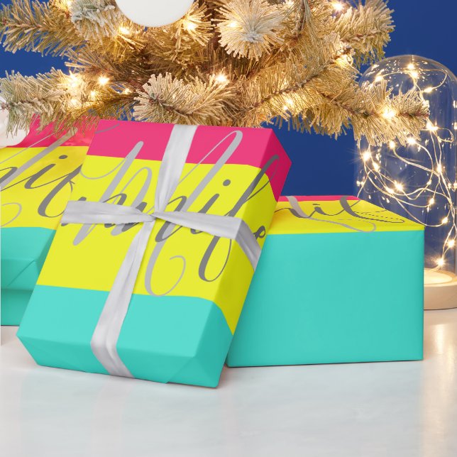 Black and Neon Colour Block Stripe Monogram Name Wrapping Paper (Holidays)