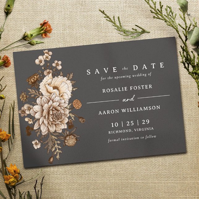 Black and Neutral Floral | Moody Fall Boho Wedding Save The Date (Creator Uploaded)