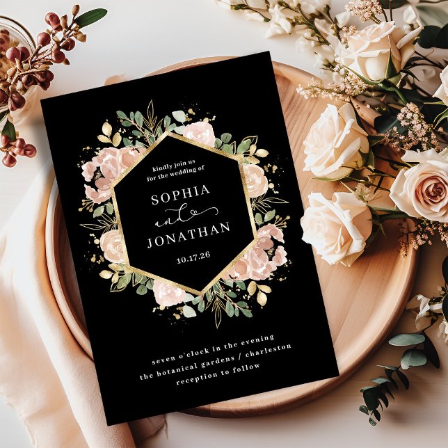 Black and Neutral Watercolor Floral | Wedding Invitation (An elegant, dark black floral wedding invitation with faux gold)