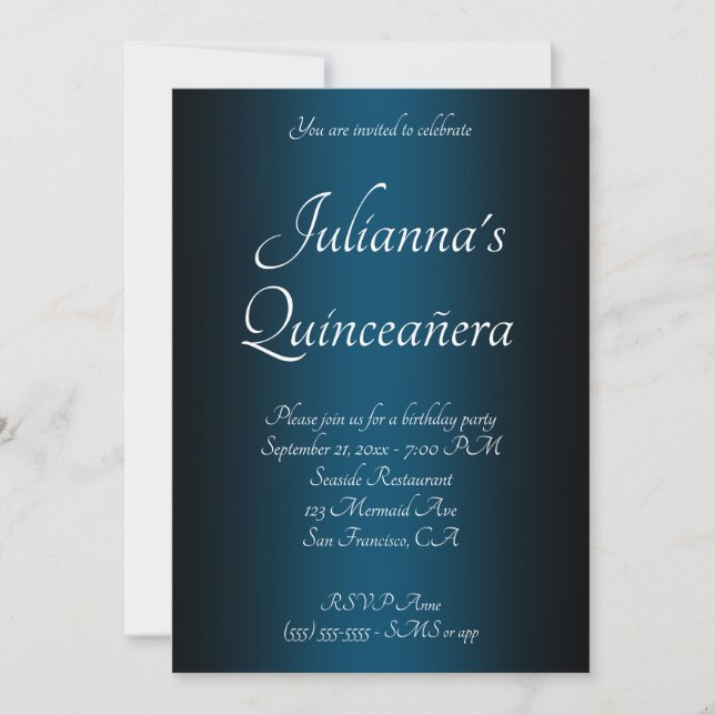Black and Ocean Blue Ombre Quinceañera Birthday Invitation (Front)
