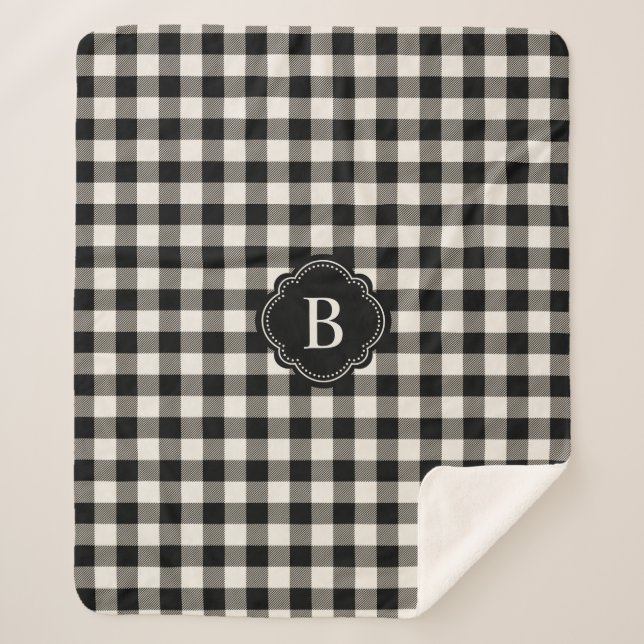 Black and Off-White Buffalo Plaid with Monogram Sherpa Blanket (Front)