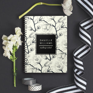 Black and Off-White Elegant Magnolia Botanical Notebook