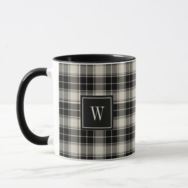 Black and Off-White Plaid Pattern with Monogram Mug (Left)