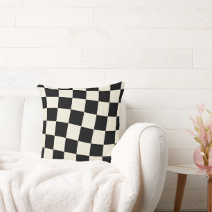 Black and Off-White Warped Grid Throw Pillow