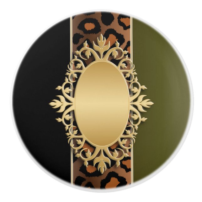Black and Olive Green Jaguar Animal Print Ceramic Knob (Front)