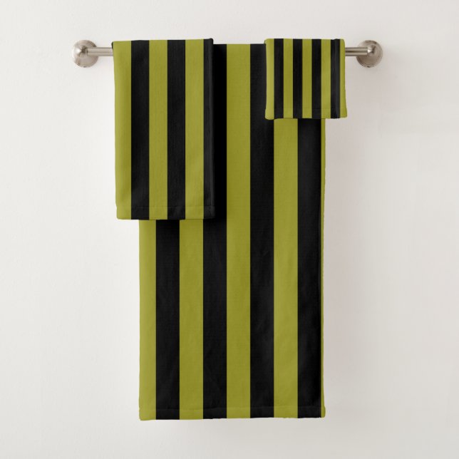 Black And Olive Green Vertical Stripe Bath Towel Set (Insitu)