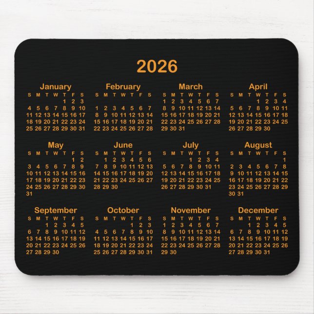 Black and Orange 2026 Calendar Mouse Pad (Front)