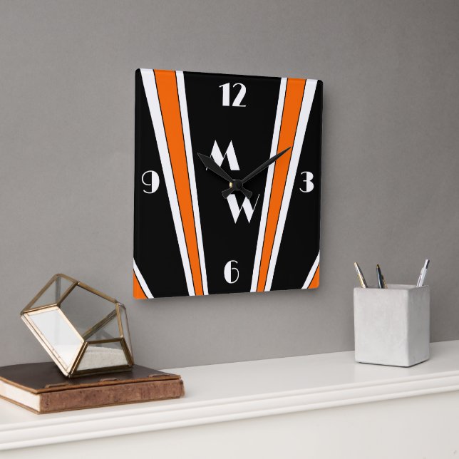 Black And Orange Art Deco Design Monogrammed Square Wall Clock (Office)