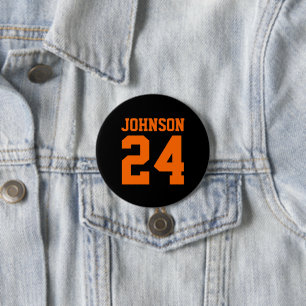 Black and Orange Athlete Name Jersey Number 3 Inch Round Button