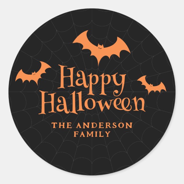 Black and Orange Bat Happy Halloween Classic Round Sticker (Front)