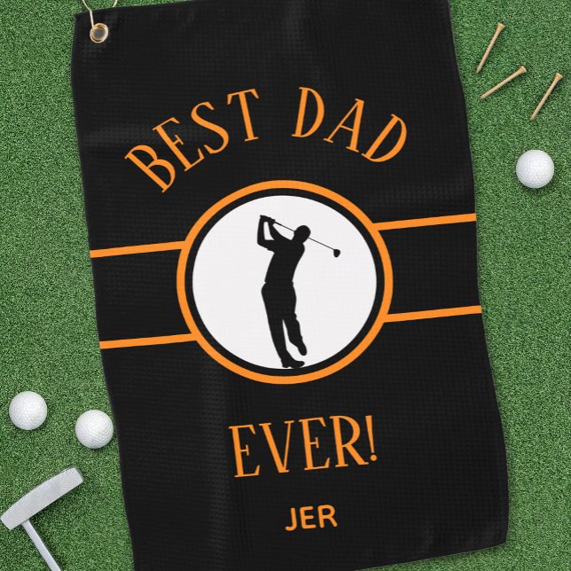 Black and Orange Best Dad Ever Personalized Golfer Golf Towel (Creator Uploaded)