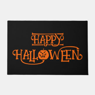 Black and Orange Bony Happy Halloween Doormat