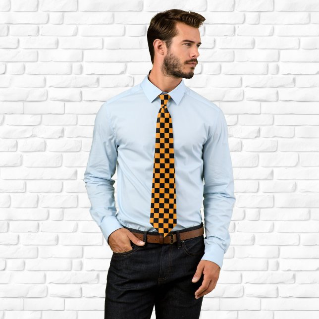 Black and Orange Chequered Tie (Black and Orange Checkered Neck Tie)