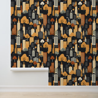 Black and Orange City Buildings in Fall Pattern Wallpaper