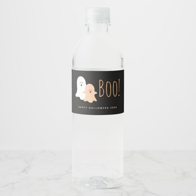 Black and Orange Cute Boo! Ghosts Halloween Water Bottle Label (Front)