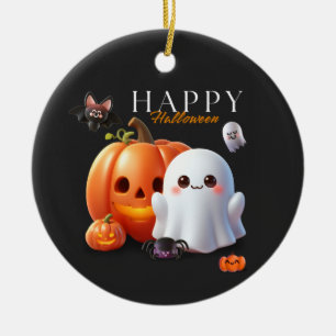 Black and Orange Cute Happy Halloween Ceramic Ornament