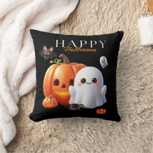 Black and Orange Cute Happy Halloween Throw Pillow