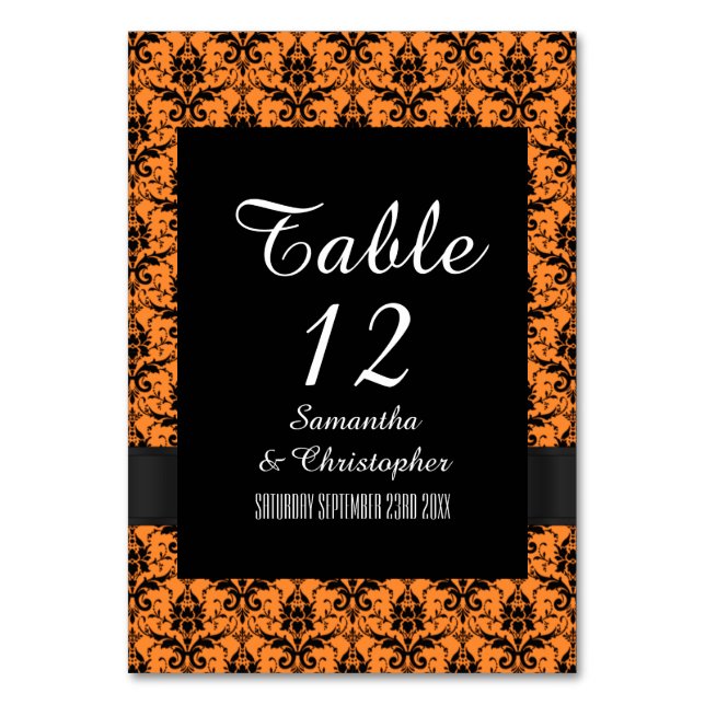 Black and orange damask pattern table number (Front)