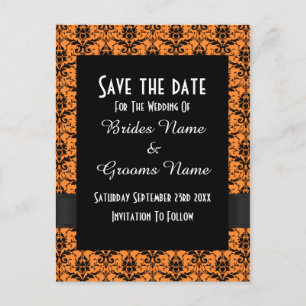 Black and orange damask save the date announcement postcard
