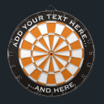 Black and Orange Dartboard with custom text<br><div class="desc">Dartboard with black and orange colours and two custom text areas on circle.</div>