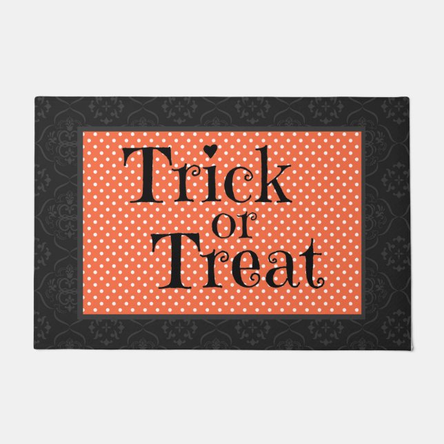 Black and Orange Dots Fun Trick or Treat Doormat (Front)