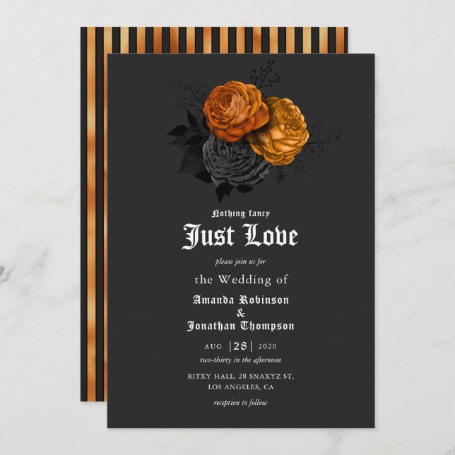 Black and Orange Floral Gothic Wedding Invitation (Front/Back)
