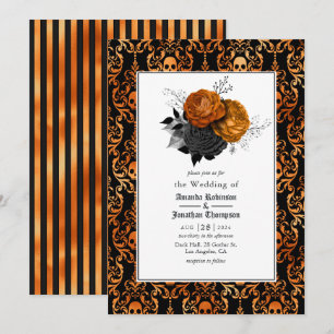 Black and Orange Floral Gothic Wedding Invitation