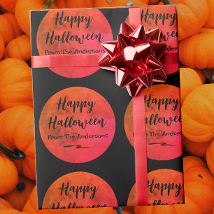 Black and Orange Full Moon Pattern Happy Halloween Wrapping Paper