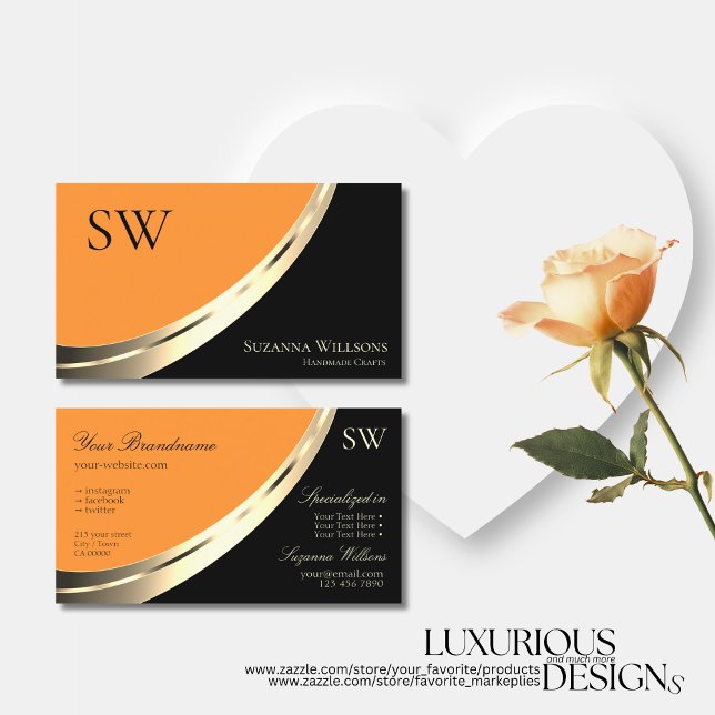 Black and Orange Gold Decor with Monogram Modern Business Card (Creator Uploaded)