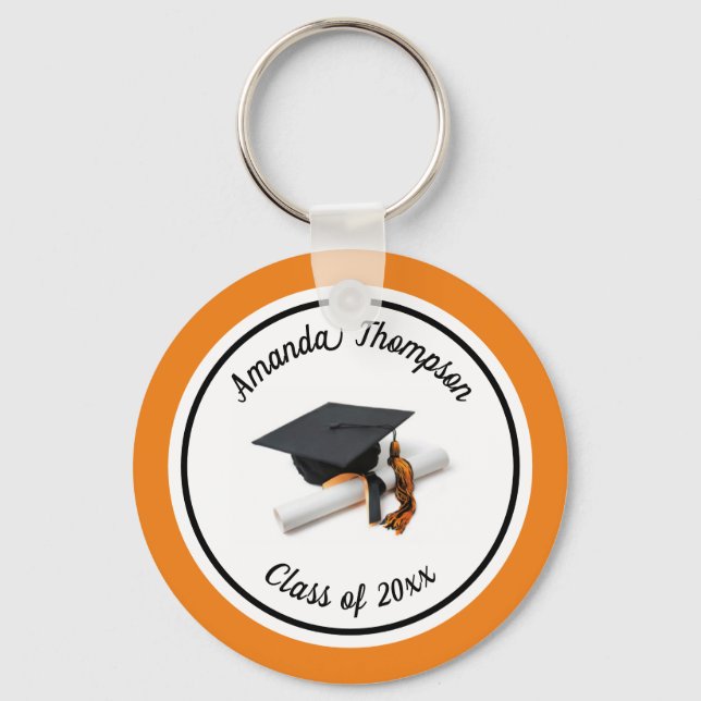 Black and Orange Graduation Cap and Tassel Keychain (Front)