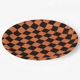 Black and Orange Halloween Chequerboard  Paper Plate