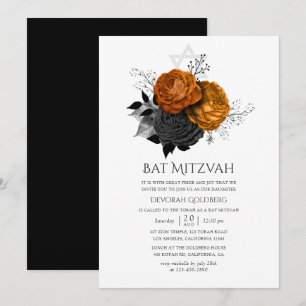 Black and Orange Halloween Floral Bat Mitzvah Invitation