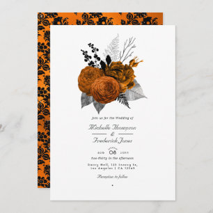 Black and Orange Halloween Floral QR Code Wedding Invitation