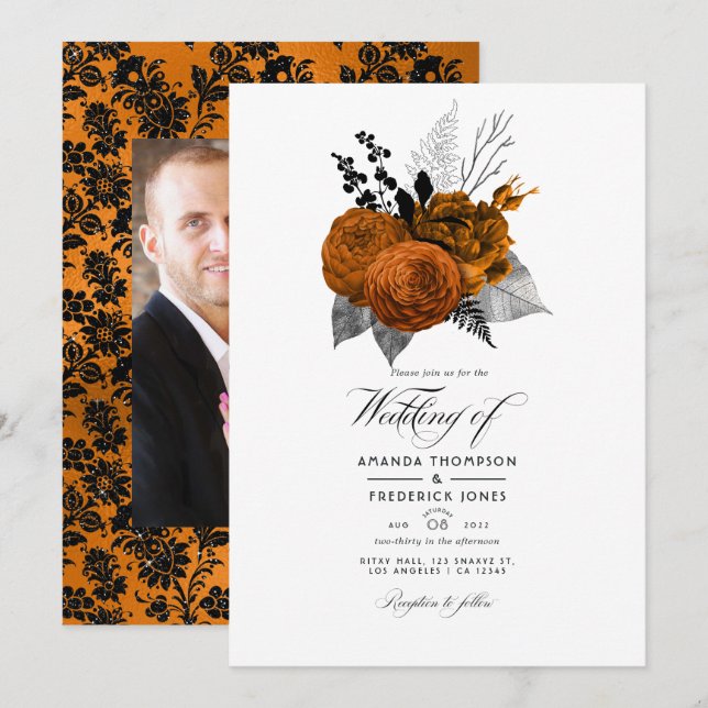 Black and Orange Halloween Floral Wedding Photo Invitation (Front/Back)
