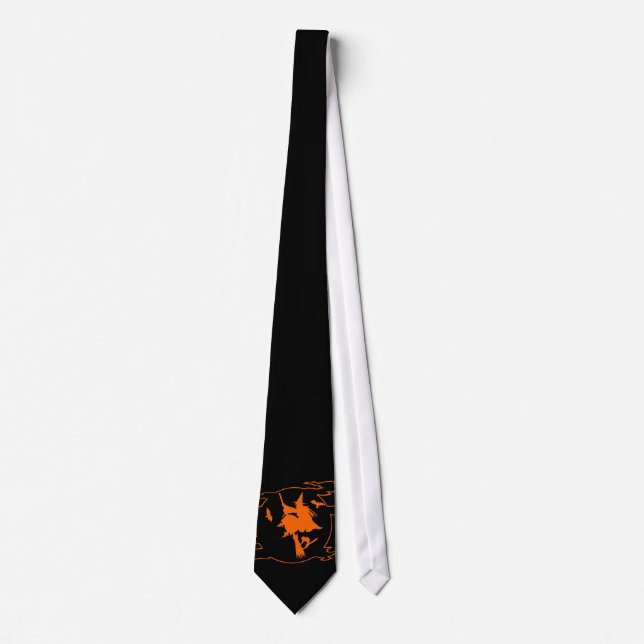 Black and orange Halloween tie with witch on broom (Front)