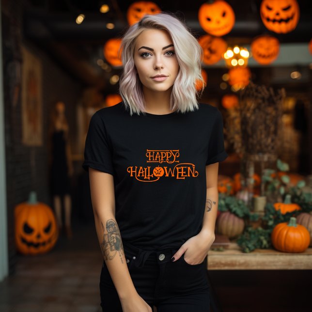 Black and Orange Happy Halloween Bony Typography T-Shirt (Bony Happy Halloween Typography Tee)