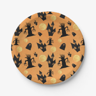 Black and Orange Haunted House Halloween  Paper Plate