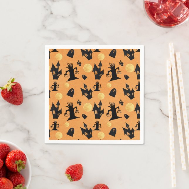 Black and Orange Haunted House Halloween Party Napkin (Insitu)