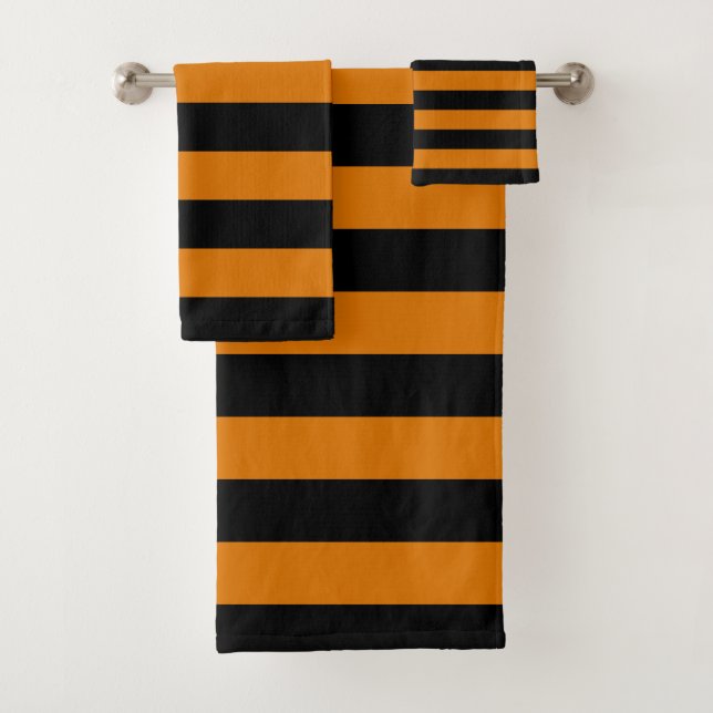 Black and Orange Horizontal Stripes Bath Towel Set (Insitu)