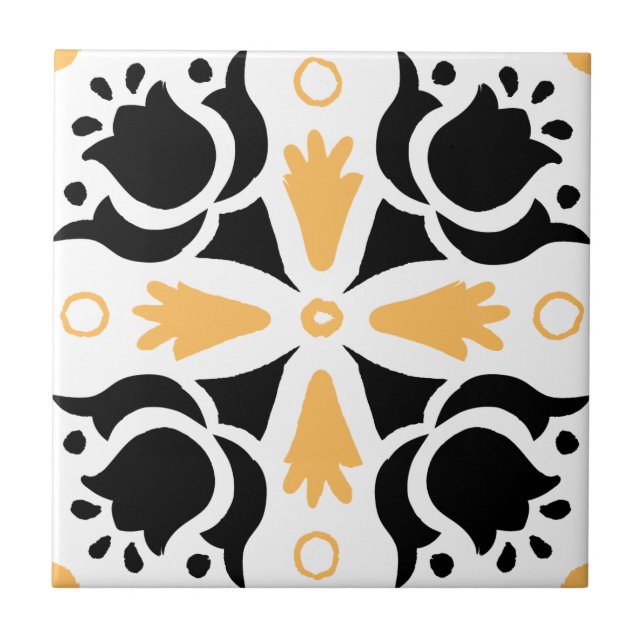 Black and Orange Intricate Floral pattern Tile (Front)