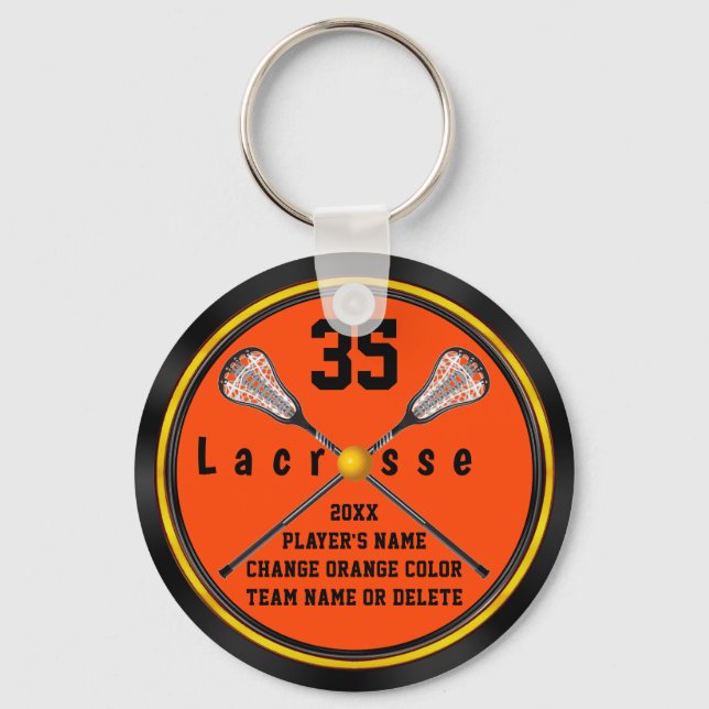 Black and Orange Lacrosse Gift Ideas, PERSONALIZED Keychain (Front)