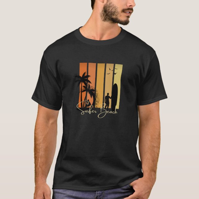 Black And Orange Modern Minimalist Surfer Beach T-Shirt (Front)