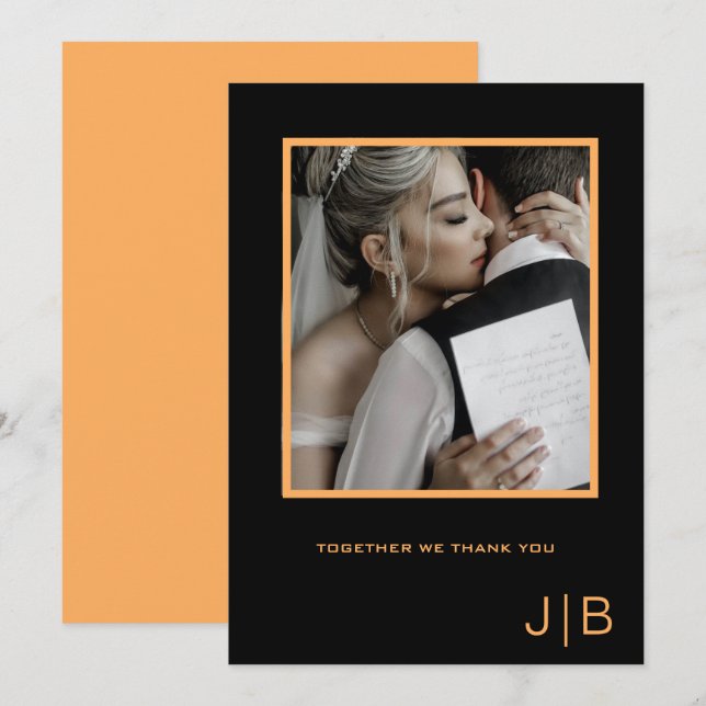 Black and orange monogram minimalist photo  thank you card (Front/Back)