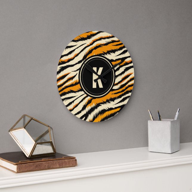 Black and  Orange Pattern Monogram Large Clock (Office)