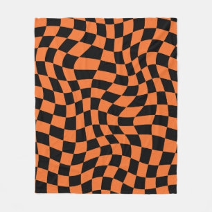 Black And Orange Psychedelic Checkered Groovy Grid Fleece Blanket