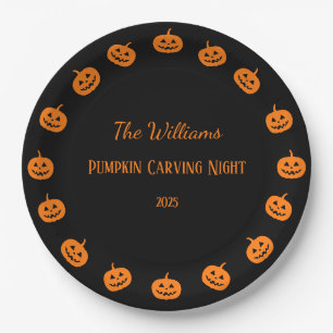 Black and Orange Pumpkin Carving Night Paper Plate