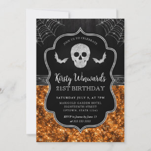 Black and Orange Skull and Cobwebs 21st Birthday Invitation
